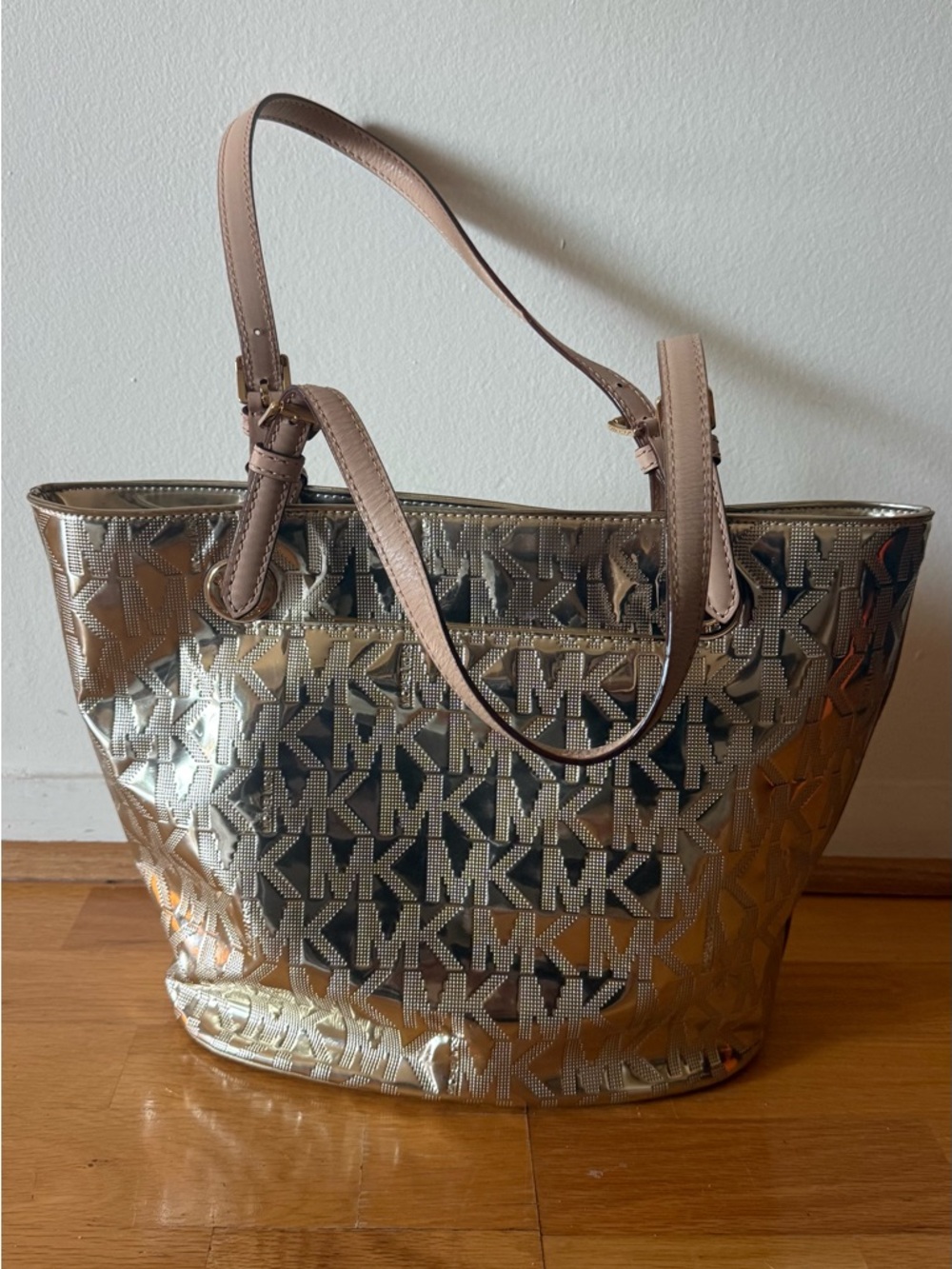 Michael Kors Gold Logo-Embossed Tote with Blush Straps